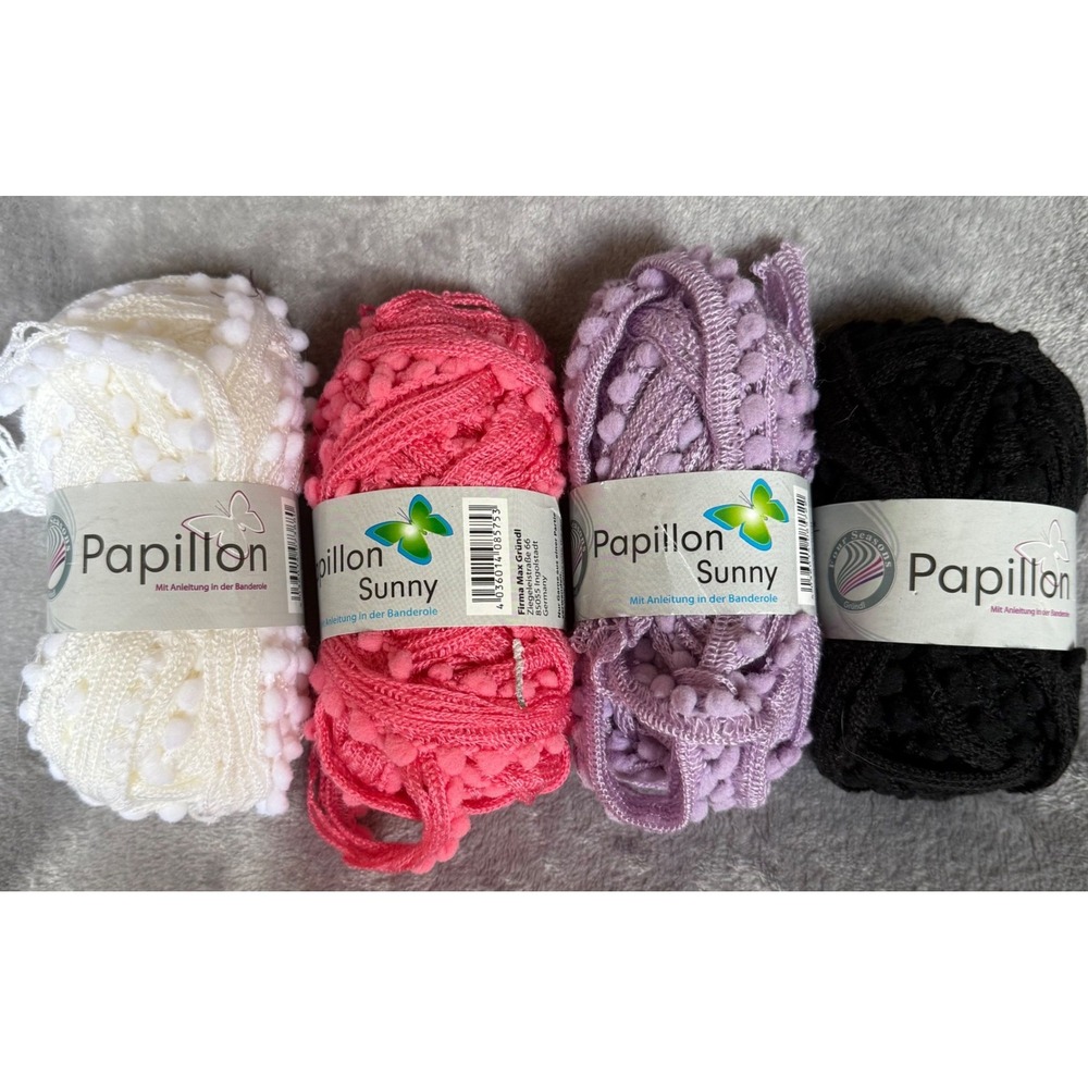 4 Skeins Grundl Papillon Sunny Pom Pom Yarn Pink White Lilac Black 50g Each